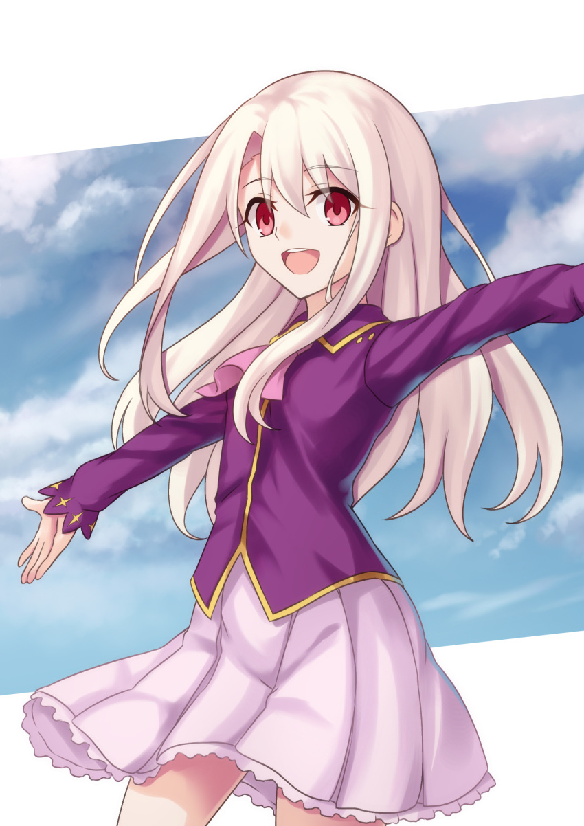 1girl blonde_hair blue_sky breasts clouds cloudy_sky cowboy_shot fate/stay_night fate_(series) highres illyasviel_von_einzbern loli long_hair long_sleeves morokoshi_(tekku) open_mouth outstretched_arms pleated_skirt purple_shirt red_eyes shirt sidelocks skirt sky small_breasts solo spread_arms straight_hair teeth upper_teeth_only