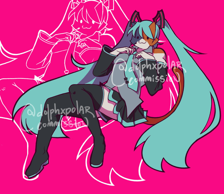 1girl :3 blue_hair cat_girl dolphxpolar fortnite furry furry_female fusion hatsune_miku high_heels highres long_hair long_sleeves looking_at_viewer meowscles pink_background sitting skirt thigh-highs twintails vocaloid
