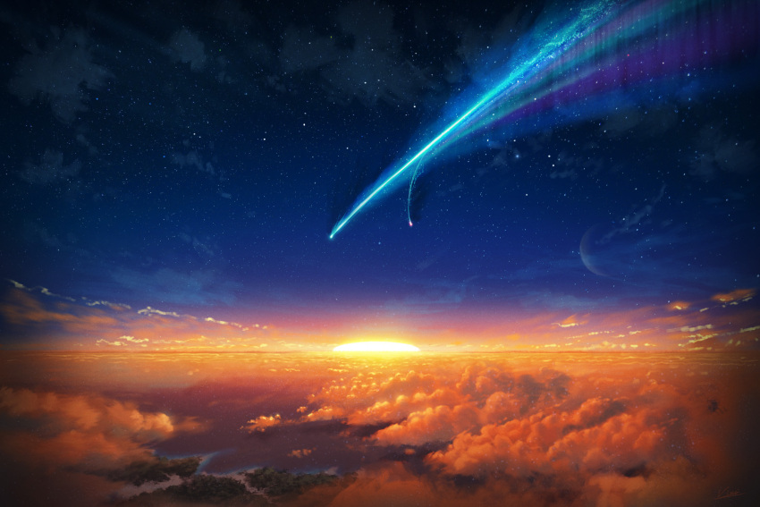 clouds comet commentary_request crescent_moon english_commentary evening fantasy highres horizon kimi_no_na_wa. mixed-language_commentary moon no_humans ocean scenery shore sky star_(sky) starry_sky sun sunset vinci_v7