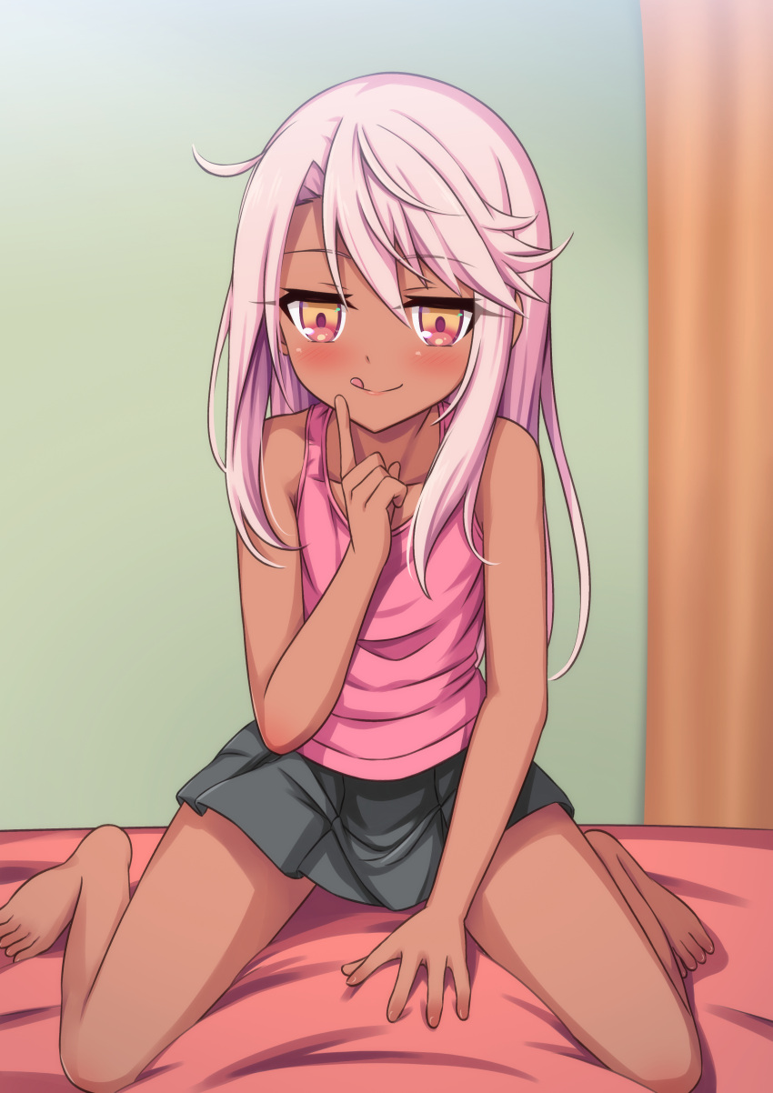 1girl absurdres bare_arms bare_shoulders barefoot bed bed_sheet between_legs black_skirt blush chloe_von_einzbern commentary_request curtains dark-skinned_female dark_skin fate/kaleid_liner_prisma_illya fate_(series) flat_chest full_body hair_between_eyes hand_between_legs hand_on_own_face highres indoors kneeling loli long_hair miniskirt morokoshi_(tekku) on_bed pink_hair pink_shirt second-party_source shirt sidelocks sitting skirt solo straight_hair tank_top thighs tongue tongue_out wariza yellow_eyes