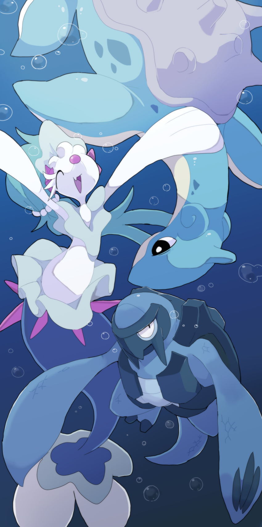 absurdres air_bubble bubble carracosta closed_eyes flippers highres lapras no_humans open_mouth pokemon pokemon_(creature) primarina shell turtle underwater winter939