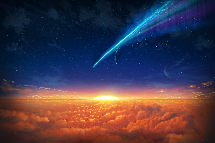 clouds comet commentary_request crescent_moon english_commentary evening fantasy highres horizon kimi_no_na_wa. mixed-language_commentary moon no_humans scenery sky star_(sky) starry_sky sun sunset vinci_v7