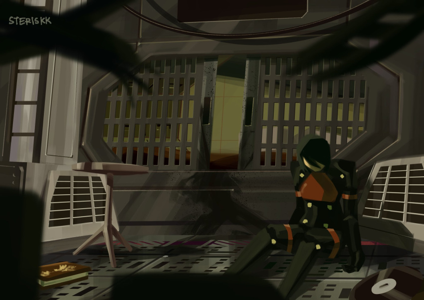 1girl android black_hair commentary elster_(signalis) english_commentary highres imminent_death low_poly no_feet on_floor record robot_girl science_fiction short_hair signalis solo spacecraft_interior spoilers steriskk