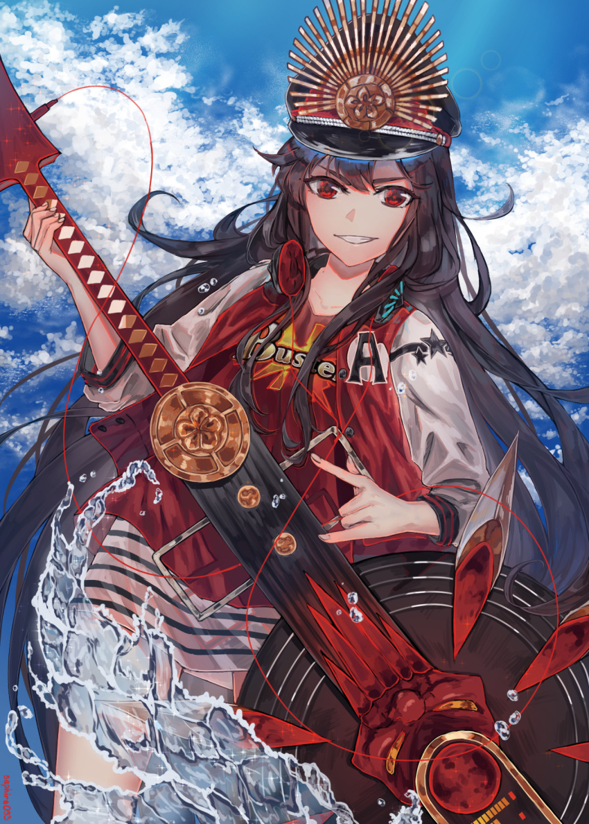 1girl \m/ black_hair blue_sky buster_shirt clouds day family_crest fate/grand_order fate_(series) grin guitar hat headphones highres holding holding_instrument instrument jacket letterman_jacket long_hair military_hat oda_nobunaga_(fate) oda_nobunaga_(swimsuit_berserker)_(fate) oda_uri peaked_cap red_eyes saphira033 skirt sky smile solo striped striped_skirt very_long_hair water