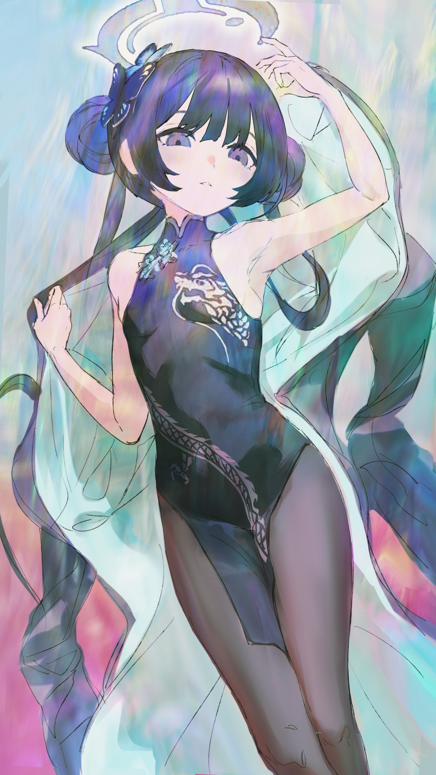 1girl absurdres bare_shoulders black_dress black_hair blue_archive butterfly_hair_ornament china_dress chinese_clothes double_bun dress g141 hair_bun hair_ornament highres kisaki_(blue_archive) solo thighs
