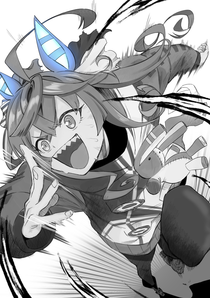 1girl :d @_@ absurdres ahoge akaya_shiki animal_ears boots bow commentary_request crossed_bangs emphasis_lines foreshortening full_body greyscale hair_bow hand_up highres hood hoodie horse_ears horse_girl long_hair long_sleeves monochrome motion_lines pantyhose running sharp_teeth sidelocks smile solo spot_color stuffed_animal stuffed_rabbit stuffed_toy sweat teeth twin_turbo_(umamusume) twintails umamusume upper_teeth_only v-shaped_eyebrows