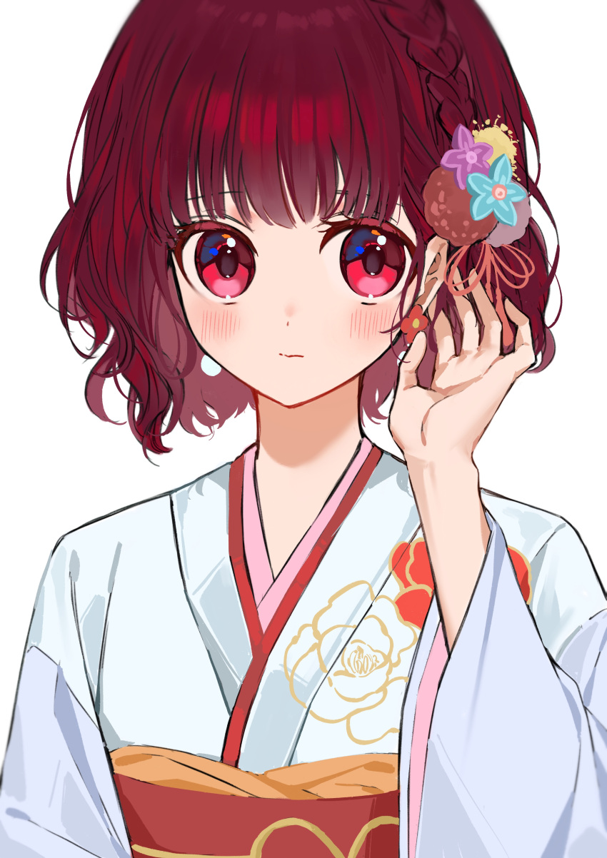 1girl absurdres arima_kana blush braid closed_mouth earrings eyelashes floral_print_kimono flower flower_earrings french_braid hair_flip hair_flower hair_ornament hair_ribbon hand_in_own_hair hand_up hashtag_only_commentary highres japanese_clothes jewelry kimono oshi_no_ko pom_pom_(clothes) pom_pom_hair_ornament red_eyes red_ribbon redhead ribbon short_hair simple_background single_braid solo tassel tassel_hair_ornament upper_body wavy_hair white_background white_kimono xiang_yu_pai