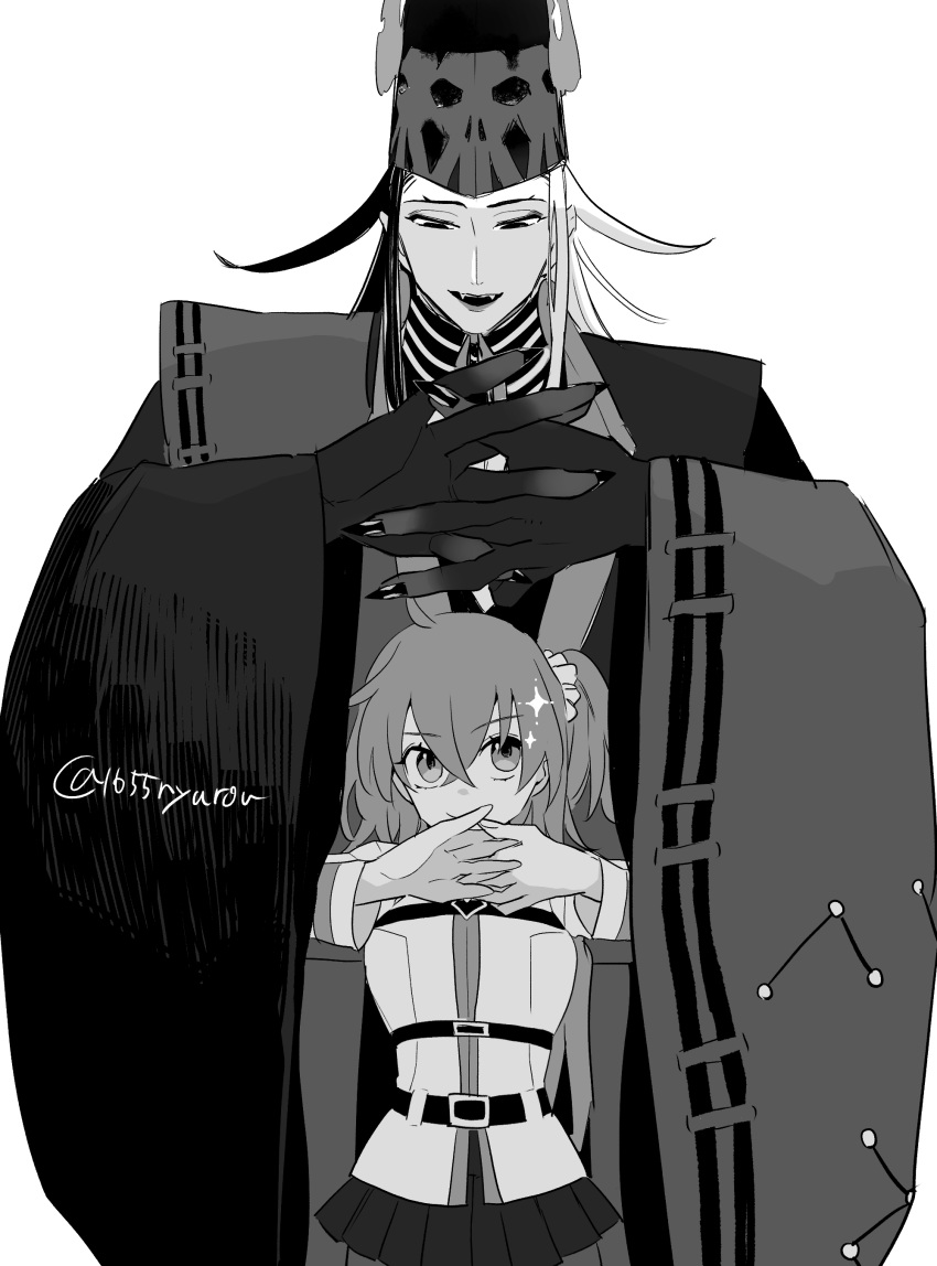 1boy 1girl absurdres artist_name ashiya_douman_(fate) ashiya_douman_(third_ascension)_(fate) commentary_request fate/grand_order fate_(series) fujimaru_ritsuka_(female) greyscale hand_gesture hat height_difference highres japanese_clothes long_hair looking_up monochrome nyarou short_hair simple_background