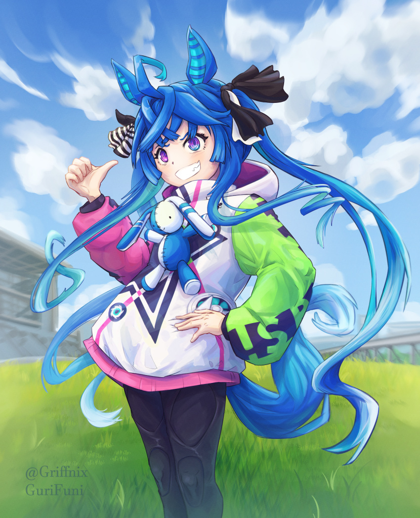1girl absurdres ahoge animal_ears artist_name black_bodysuit black_ribbon blue_eyes blue_hair blue_sky bodysuit clouds cloudy_sky commentary crossed_bangs day drawstring english_commentary grass griffnix grin hair_ribbon hand_on_own_hip heterochromia highres hood hood_down hooded_coat horse_ears horse_girl horse_tail long_hair long_sleeves looking_at_viewer mixed-language_commentary multicolored_hair outdoors pointing pointing_at_self ribbon sharp_teeth sidelocks sky smile solo standing star_(symbol) star_print stuffed_animal stuffed_rabbit stuffed_toy tail teeth twin_turbo_(umamusume) twintails twitter_username two-tone_hair umamusume very_long_hair violet_eyes