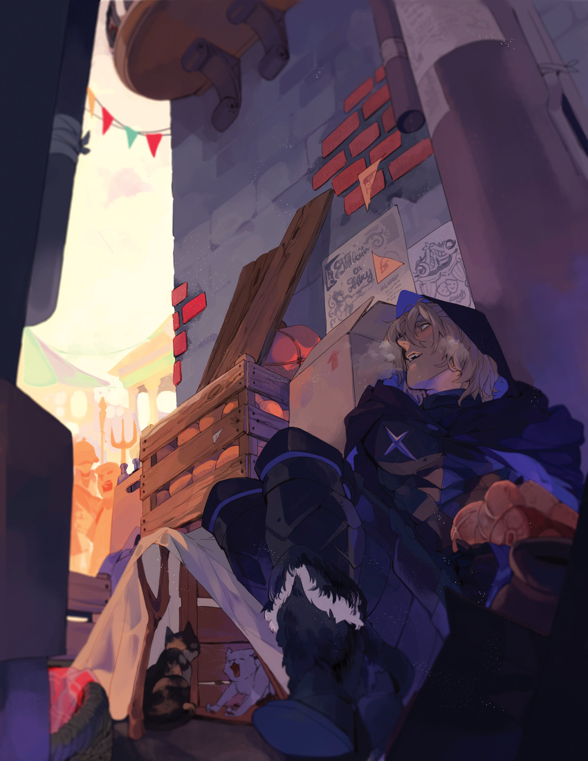 3boys alley armor blonde_hair blue_eyes boots bread brick_wall cape cat commentary day dimitri_alexandre_blaiddyd fire_emblem fire_emblem:_three_houses food from_below fur-trimmed_boots fur_trim gloves heavy_breathing hiding highres holding holding_food kitten loaf_of_bread male_focus medium_hair multiple_boys open_mouth outdoors plank polearm poster_(object) taking_shelter trident weapon wooden_box worvies