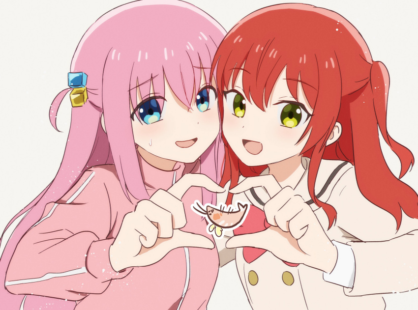 2girls blue_eyes bocchi_the_rock! bow brown_cardigan cardigan commentary_request cube_hair_ornament gotoh_hitori green_eyes hair_ornament hand_up heads_together heart heart_hands heart_hands_duo highres jacket kita_ikuyo krill55 long_hair long_sleeves looking_at_viewer multiple_girls one_side_up open_mouth pink_hair pink_jacket red_bow redhead school_uniform shrimp shuka_high_school_uniform simple_background smile sweatdrop symmetrical_hand_pose track_jacket upper_body white_background
