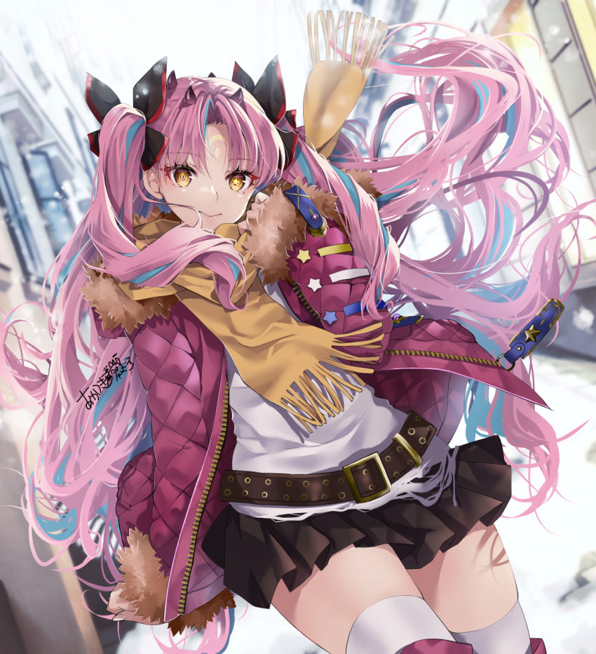 1girl akatsuki_hijiri belt black_skirt blue_hair breasts crescent crescent_facial_mark facial_mark fate/grand_order fate_(series) forehead_mark fur-trimmed_jacket fur_trim hair_ribbon highres horns ishtar_(fate) jacket long_hair long_sleeves looking_at_viewer medium_breasts multicolored_hair open_clothes open_jacket parted_bangs pink_hair pink_jacket ribbon scarf shirt signature skirt smile solo space_ishtar_(dream_portrait)_(fate) space_ishtar_(fate) space_ishtar_(third_ascension)_(fate) symbol-shaped_pupils thigh-highs thighs twintails two-tone_hair two_side_up white_shirt white_thighhighs yellow_eyes yellow_scarf