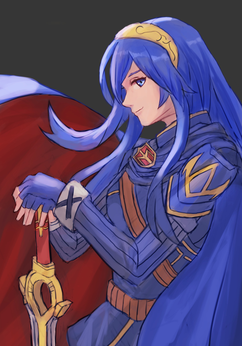 1girl absurdres aoyagi_0 armor blue_eyes blue_gloves blue_hair cape closed_mouth falchion_(fire_emblem) fingerless_gloves fire_emblem fire_emblem_awakening from_side gloves highres long_hair long_sleeves looking_at_viewer lucina_(fire_emblem) shoulder_armor smile solo sword tiara upper_body weapon