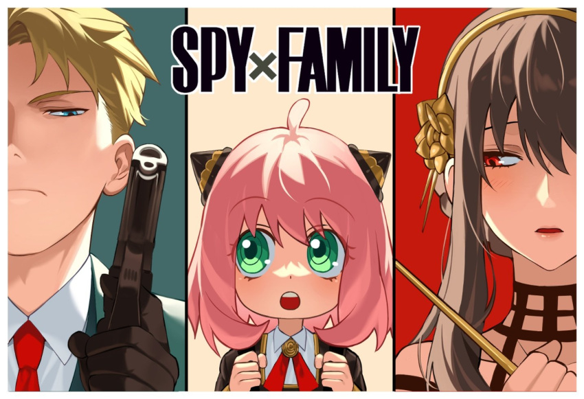 1boy 2girls anya_(spy_x_family) bare_shoulders black_dress black_hair blush child collarbone dagger dress earrings eden_academy_school_uniform gold_earrings gold_hairband green_eyes green_suit gun hair_ornament hairband hairpods holding holding_dagger holding_gun holding_knife holding_weapon husband_and_wife jewelry knife long_hair long_sleeves looking_at_viewer multiple_girls open_mouth pink_hair portrait red_eyes school_uniform shirt sidelocks spy_x_family stiletto_(weapon) suit tosi_0604 twilight_(spy_x_family) two-sided_dress two-sided_fabric upper_body weapon yor_briar