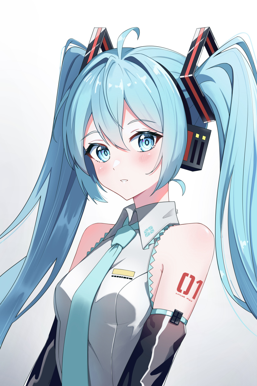 1girl absurdres ahoge arm_tattoo black_sleeves blue_eyes blue_hair blue_necktie breasts character_name collared_shirt detached_sleeves gradient_background grey_shirt hair_between_eyes hair_ornament hatsune_miku headphones highres long_hair long_sleeves necktie number_tattoo parted_lips procrastinator39 shirt sleeveless sleeveless_shirt small_breasts solo tattoo twintails upper_body very_long_hair vocaloid white_background wing_collar