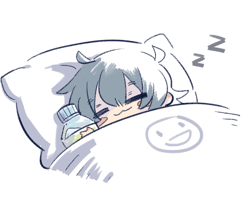 1girl :3 =_= ahoge blanket blush_stickers bottle chibi chinese_commentary closed_eyes closed_mouth commentary_request g11_(girls'_frontline) girls_frontline grey_hair hair_between_eyes holding holding_bottle long_hair lying on_side pillow simple_background sleeping smile smiley_face solo su_xiao_jei under_covers white_background zzz