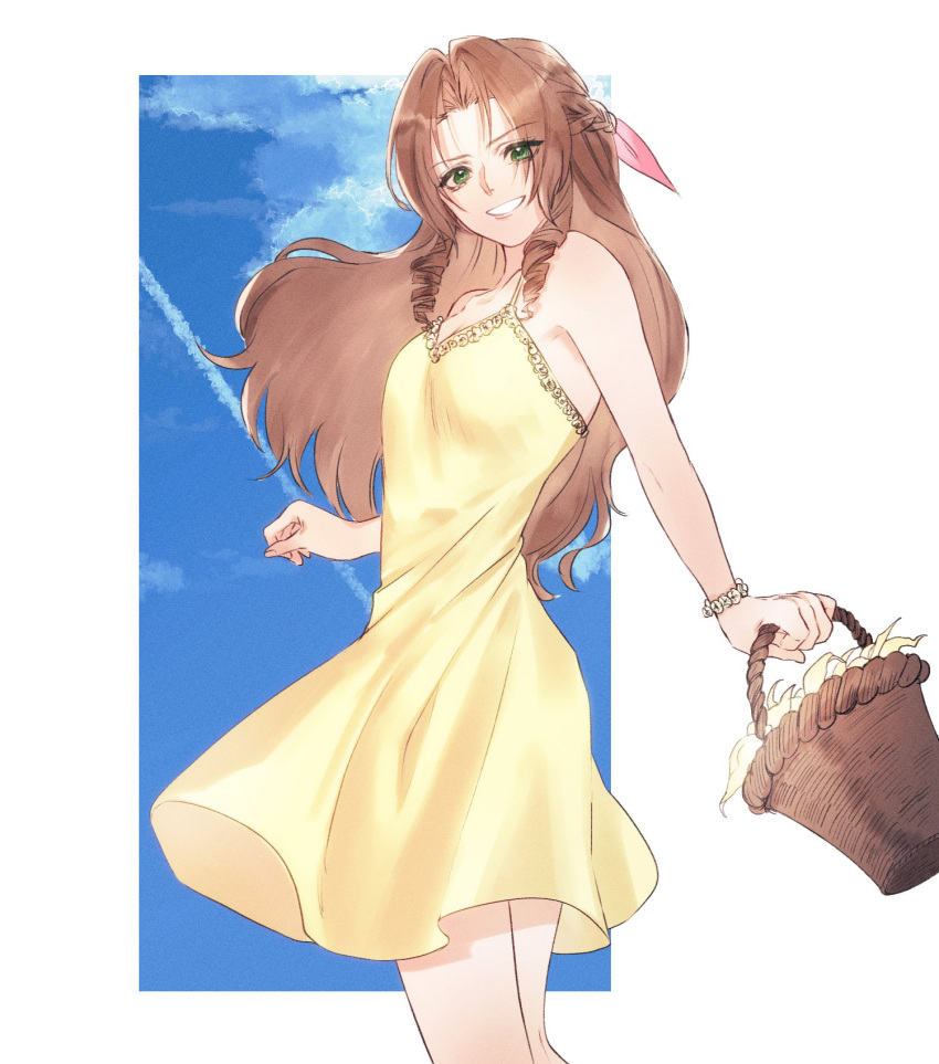 1girl aerith_gainsborough ah_yoshimizu alternate_costume alternate_hairstyle basket blue_sky braid brown_hair clouds cloudy_sky commentary_request crown_braid day dress final_fantasy final_fantasy_vii flower green_eyes grin hair_down hair_ribbon hand_up happy highres holding holding_basket long_hair outdoors pink_ribbon ribbon sidelocks sky smile solo standing sundress upper_body wavy_hair yellow_dress