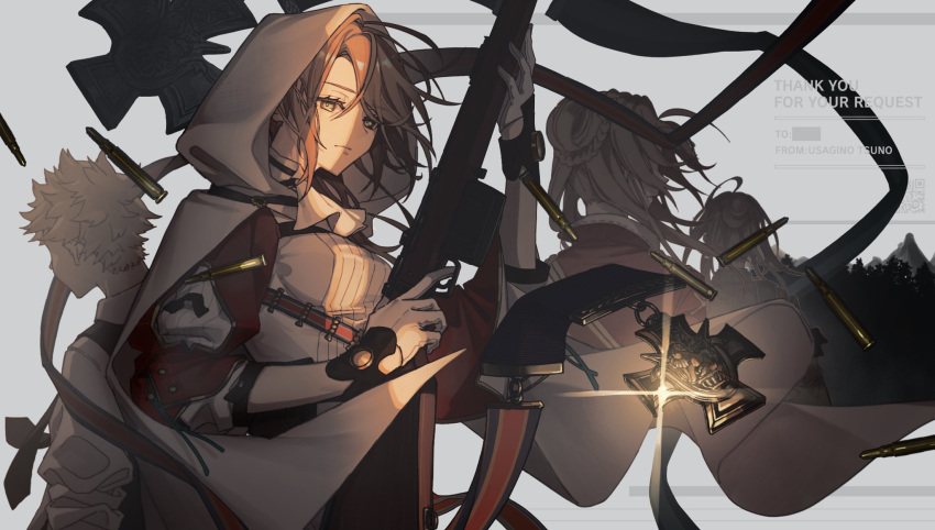 1boy 1girl bolt_action brown_hair cape cloak expressionless floating_hair girls_frontline gloves green_eyes gun highres holding holding_gun holding_weapon hood hooded_cloak lee-enfield lee-enfield_(girls'_frontline) lee-enfield_(mod3)_(girls'_frontline) looking_at_viewer medal qr_code rabb_horn rifle rifle_cartridge upper_body weapon white_cape white_cloak white_gloves
