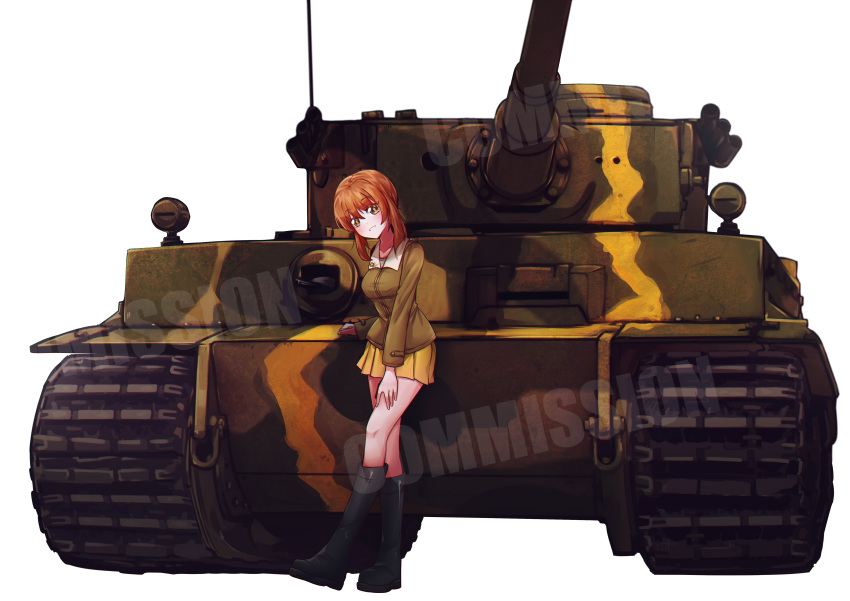 1girl absurdres alternate_costume black_footwear boots brown_eyes brown_hair brown_jacket chi-hatan_military_uniform commentary commission cosplay english_commentary english_text girls_und_panzer hand_on_own_thigh head_tilt highres jacket knee_boots long_sleeves looking_at_viewer military_uniform military_vehicle miniskirt mizzterbii motor_vehicle nishi_kinuyo nishi_kinuyo_(cosplay) nishizumi_miho pleated_skirt short_hair skirt smile solo standing tank tiger_i uniform vehicle_focus yellow_skirt