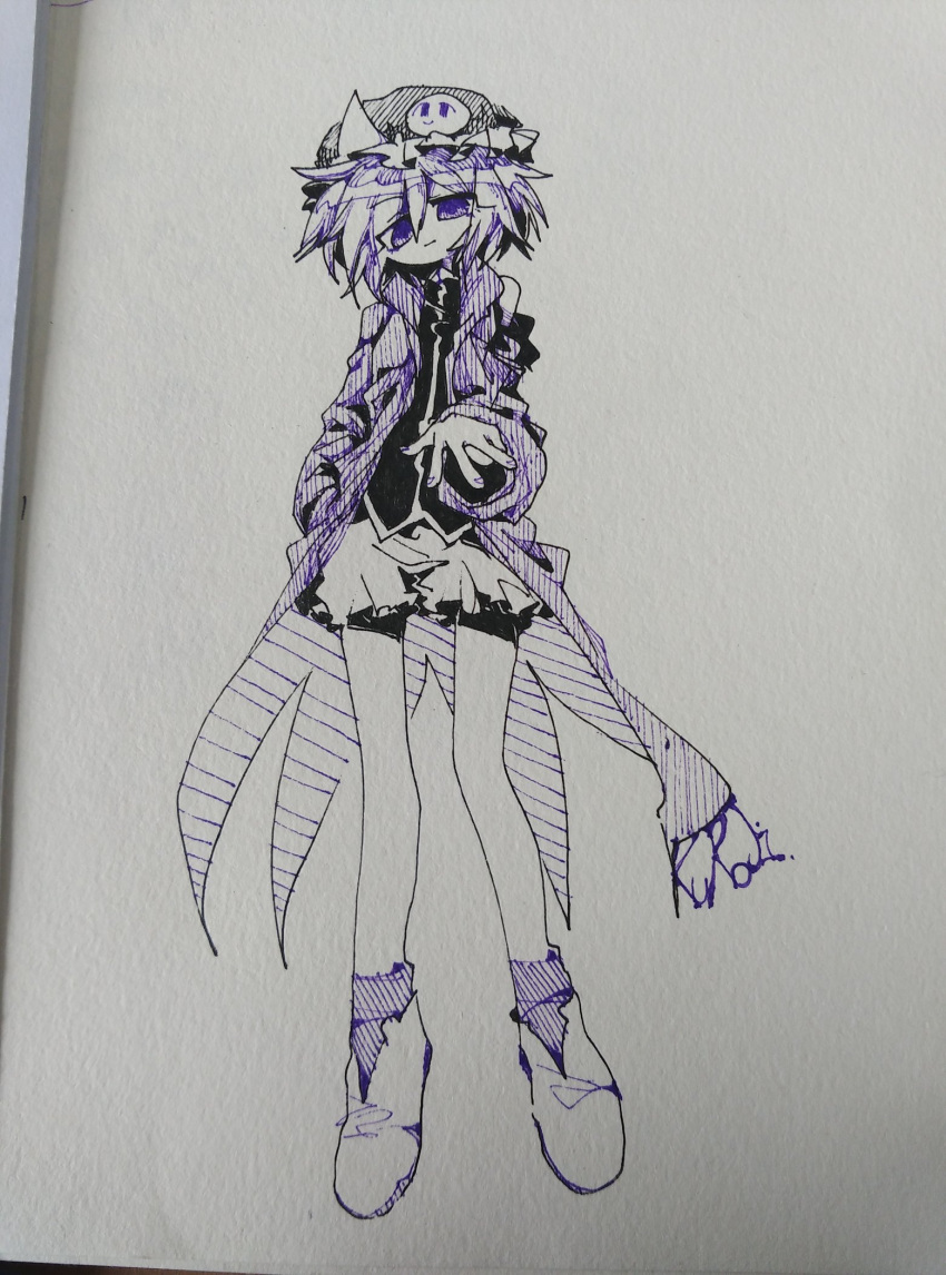 1other androgynous ballpoint_pen_(medium) character_name closed_mouth coat frilled_hat frilled_shorts frills full_body hair_between_eyes hat highres len'en ling_s long_sleeves no_nose open_clothes open_coat other_focus partially_colored shirt shitodo_kuroji short_hair short_shorts shorts simple_background sketch smile socks solo traditional_media triangular_headpiece white_background