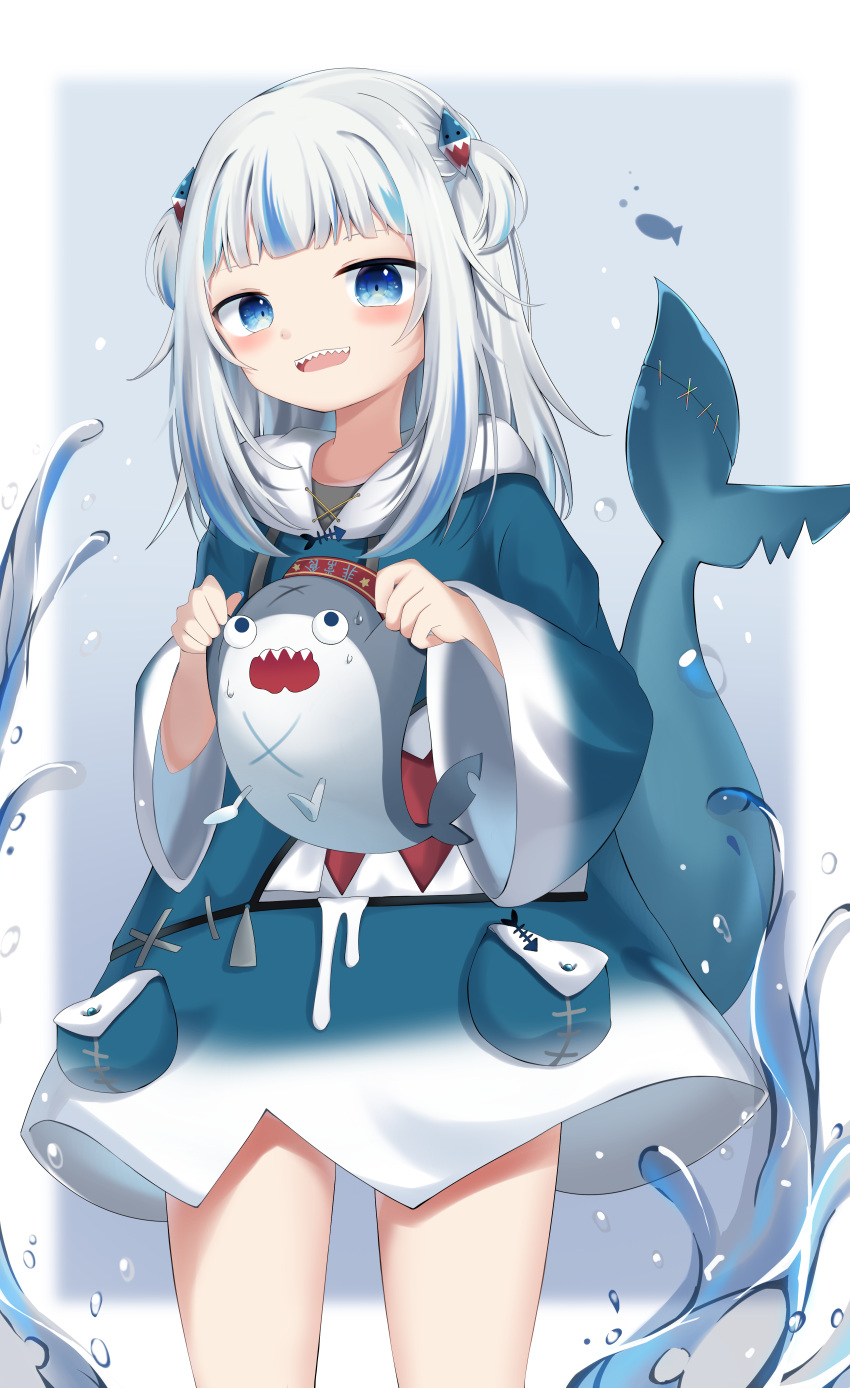 1girl absurdres animal_costume bloop_(gawr_gura) blue_eyes blue_hair blue_hoodie blue_nails blunt_bangs fins fish_tail gawr_gura gawr_gura_(1st_costume) hair_ornament highres hololive hololive_english hood hoodie looking_at_viewer medium_hair multicolored_hair nail_polish open_mouth shark_costume shark_hair_ornament shark_tail sidelocks snmdx solo streaked_hair tail two_side_up virtual_youtuber white_hair