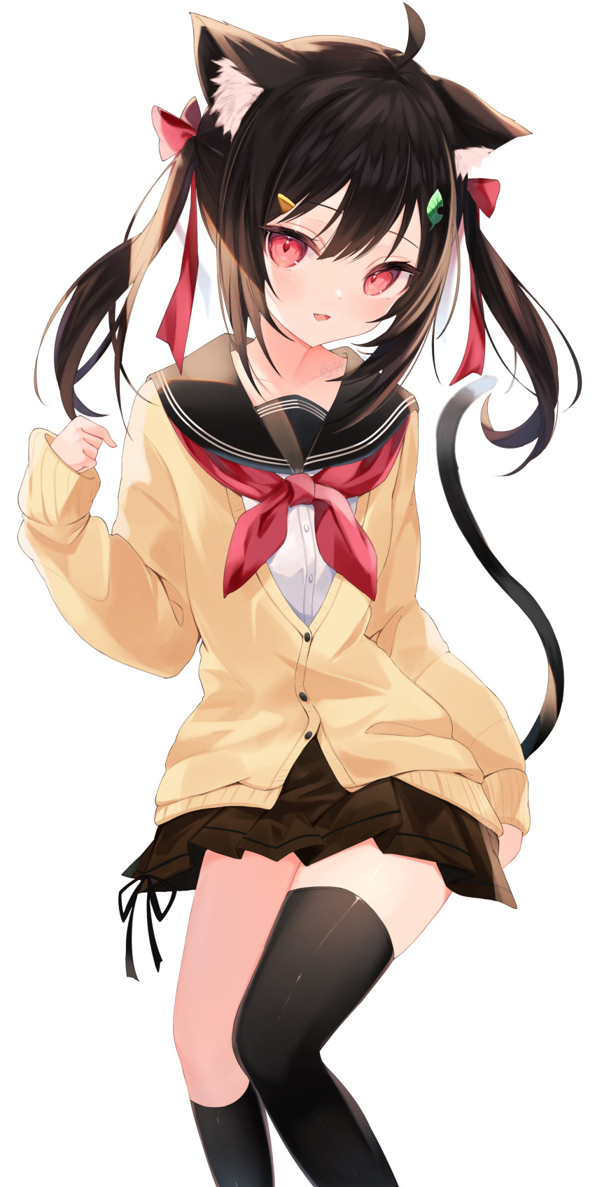1girl absurdres ahoge animal_ears black_sailor_collar black_thighhighs brown_hair brown_skirt cardigan cat_day cat_ears cat_girl cat_tail commission highres long_hair neckerchief okomeillust red_eyes red_neckerchief sailor_collar school_uniform serafuku simple_background single_thighhigh skeb_commission skirt solo tail thigh-highs twintails vrchat white_background yellow_cardigan