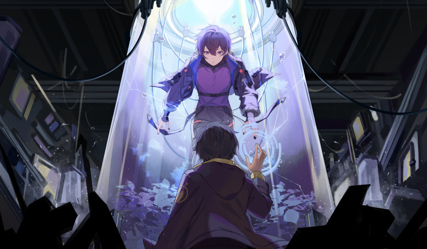 2boys absurdres achichi_ovo black_hair black_pants breaking bubble crack earrings glass highres indie_virtual_youtuber jacket jewelry multiple_boys multiple_persona open_clothes pants plant purple_hair purple_jacket purple_shirt shirt short_hair shoto_(vtuber) single_earring violet_eyes virtual_youtuber wire