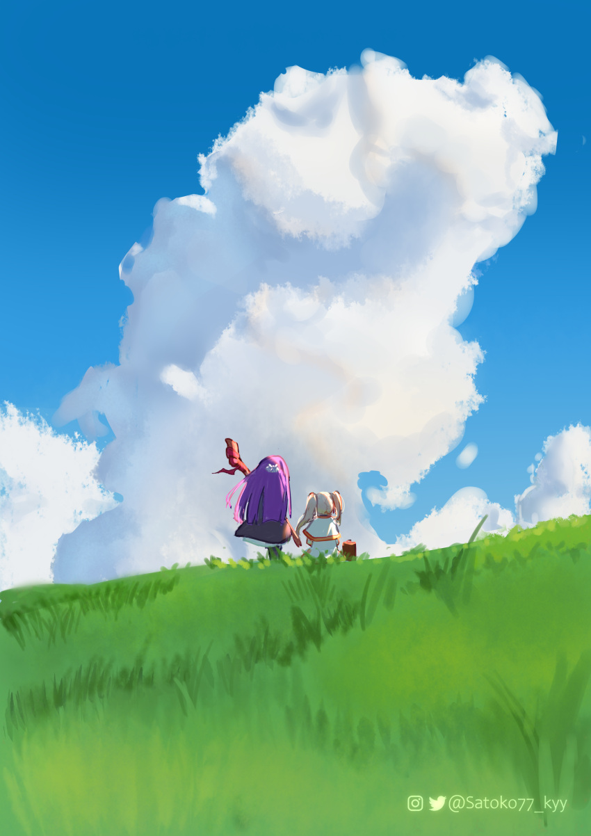 2girls absurdres artist_name blue_sky clouds cloudy_sky commentary_request cumulonimbus_cloud day english_commentary facing_away fern_(sousou_no_frieren) field frieren from_behind grass highres long_hair mage_staff mixed-language_commentary multiple_girls outdoors purple_hair satoko77 sitting sky sousou_no_frieren standing twintails watermark white_hair wide_shot