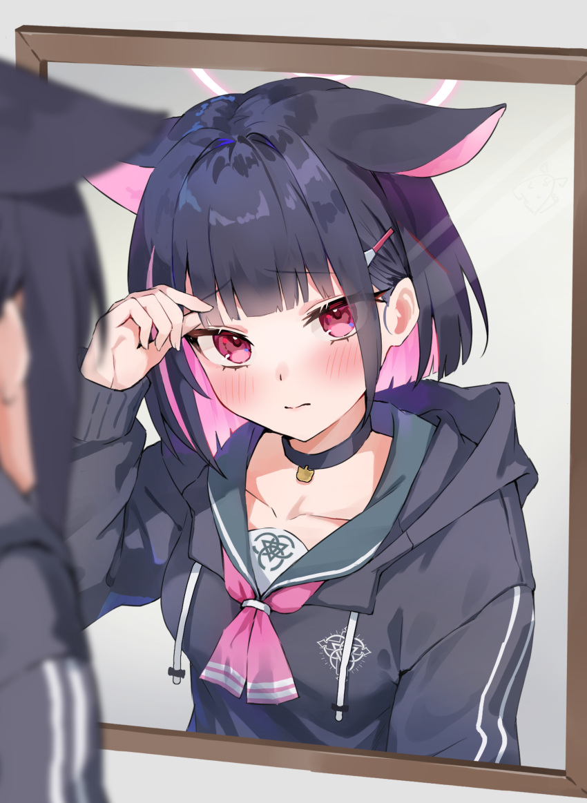 1girl animal_ears black_choker black_hair black_jacket blue_archive blush breasts cat_ears cat_girl choker closed_mouth collarbone colored_inner_hair commentary_request green_sailor_collar halo highres hood hooded_jacket jacket kazusa_(blue_archive) long_sleeves medium_breasts mirror mirror_image multicolored_hair nitoron pink_hair pink_halo red_eyes revision sailor_collar short_hair solo