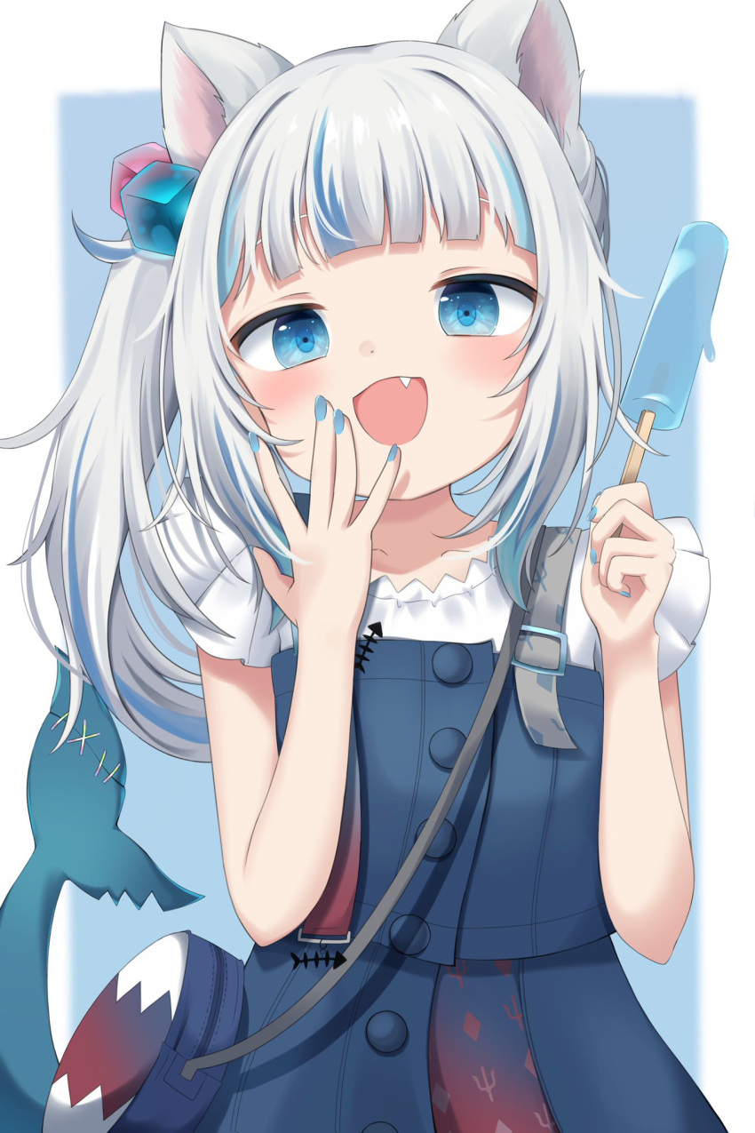 animal_ears blue_eyes blue_hair cat_ears fins fish_tail food gawr_gura gawr_gura_(2nd_costume) hair_ornament highres hololive hololive_english looking_at_viewer multicolored_hair open_mouth popsicle shark_tail side_ponytail snmdx streaked_hair tail virtual_youtuber