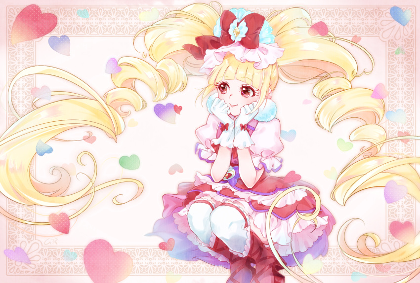 1girl aisaki_emiru ankle_boots blonde_hair boots bow closed_mouth cure_macherie curly_hair dress frills full_body glove_bow gloves hair_bow heart highres hugtto!_precure layered_dress long_hair looking_to_the_side magical_girl precure puffy_sleeves red_bow red_eyes red_footwear shipu_(gassyumaron) smile solo squatting thigh-highs twintails white_gloves white_legwear