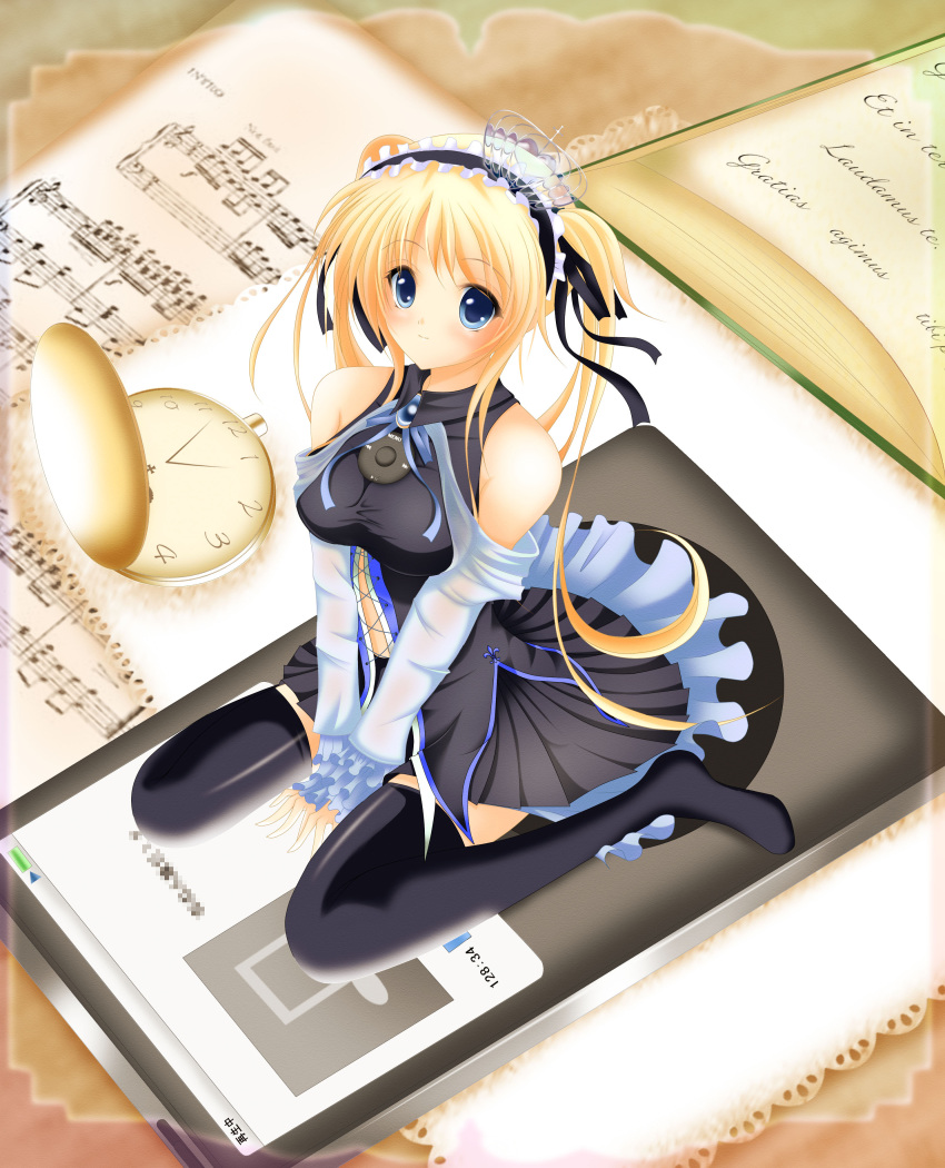bad_id between_thighs black_legwear black_thighhighs blonde_hair blue_eyes book breasts detached_sleeves digital_media_player dress frills headdress highres ipod long_hair looking_up naokida no_shoes original personification pocket_watch product_placement sheet_music sitting smile solo taut_shirt thigh-highs thighhighs twintails v_arms wariza watch zettai_ryouiki
