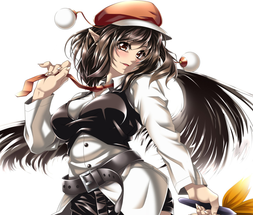 black_wings brown_eyes brown_hair contemporary hat highres pointy_ears shameimaru_aya short_hair shorts solo tokin_hat touhou wings yoiti