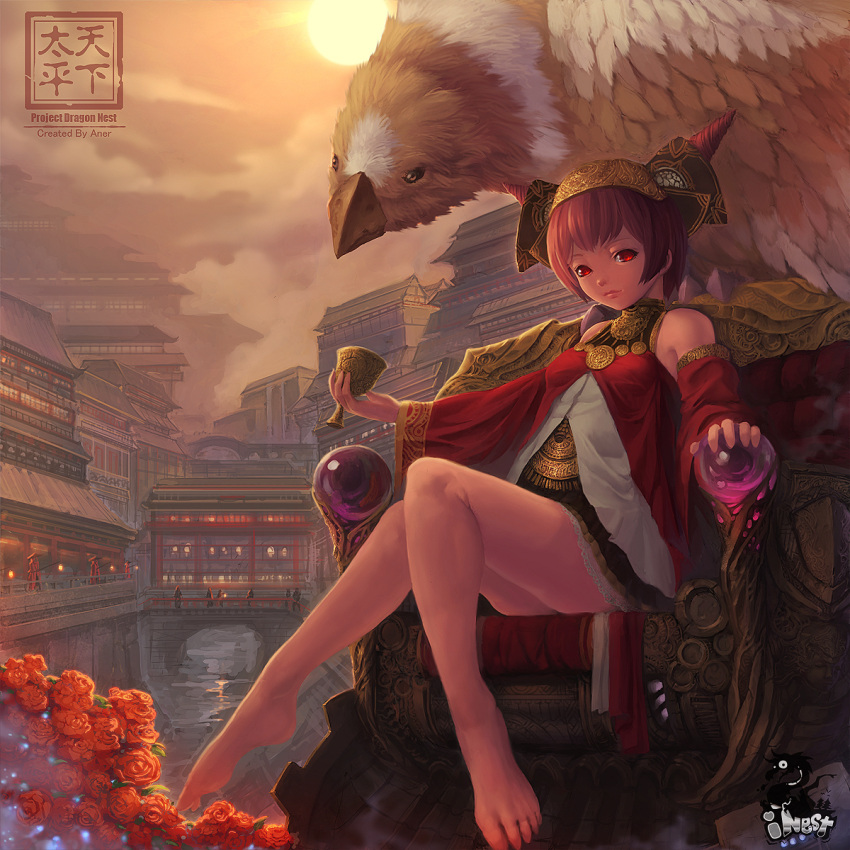 barefoot chinese chinese_architecture chinese_clothes cityscape cup dragon_nest east_asian_architecture feet flower griffin gryphon hat highres jewelry legs red_eyes river rose short_hair sitting throne