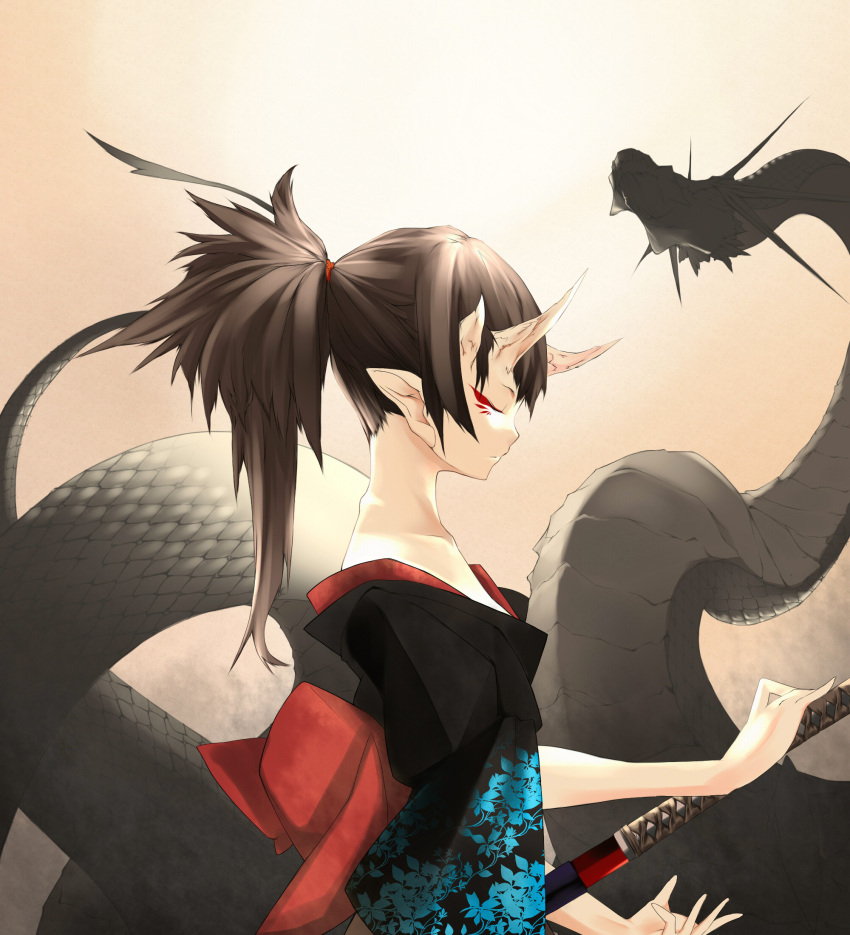 artist_request brown_hair closed_eyes dragon dragon_girl highres horns japanese_clothes kimono long_hair original pointy_ears ponytail profile sheath sheathed shin_(anbqqcb) solo sword weapon