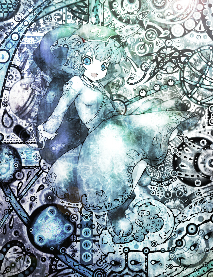 :d abstract absurdres blue_eyes carrying dress hair_bobbles hair_ornament hat highres kawashiro_nitori key koohee monochrome open_mouth pocket sibanoue smile solo touhou