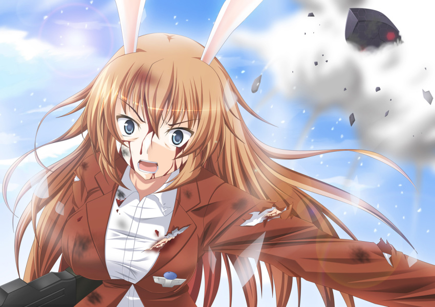 blood blue_eyes breasts bunny_ears charlotte_e_yeager cloud gun large_breasts long_hair machine_gun military military_uniform rabbit_ears red_hair redhead solo strike_witches torn_clothes uniform weapon yukimura1130