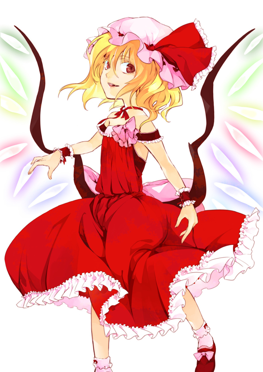 alternate_costume bad_id bare_shoulders blonde_hair dress flandre_scarlet frills hat highres itsu red_eyes ribbon short_hair solo touhou wings wrist_cuffs