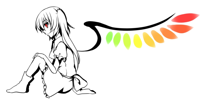 bad_id flandre_scarlet highres kuronohana monochrome red_eyes side_ponytail sitting solo spot_color touhou wings