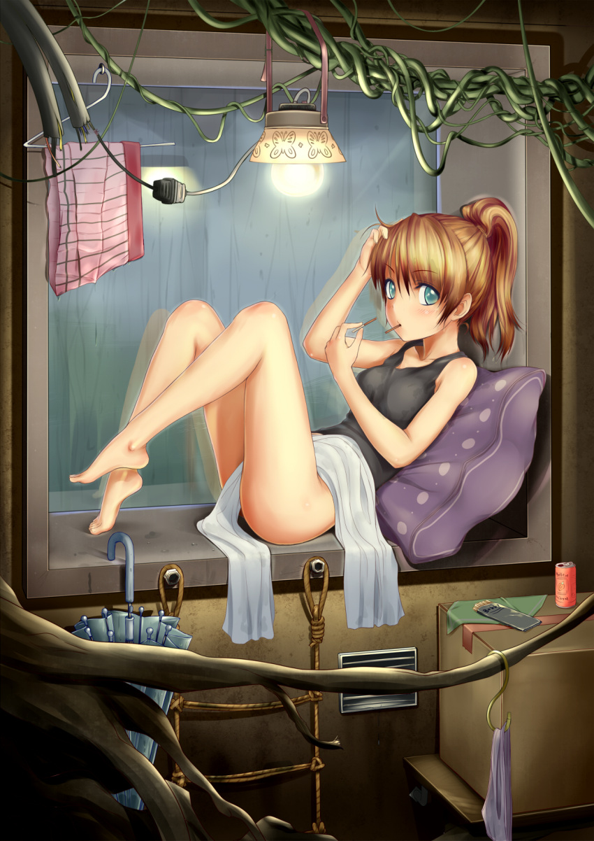 1girl bottomless breasts brown_hair highres irudana looking_at_viewer original short_hair solo umbrella