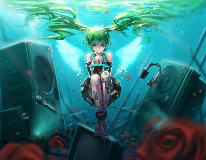 android aqua_eyes aqua_hair detached_sleeves hatsune_miku long_hair microphone saber_01 skirt smile solo speaker twintails underwater very_long_hair vocaloid wings