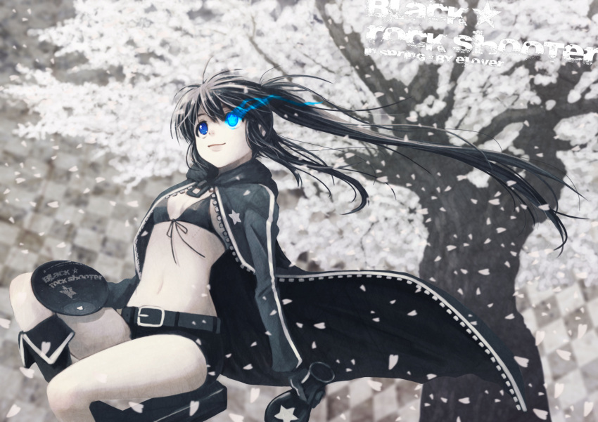 belt bikini_top black_hair black_rock_shooter black_rock_shooter_(character) blue_eyes checkered cloverpeia front-tie_top glowing glowing_eyes hi highres jacket long_hair midriff pale_skin shorts smile star