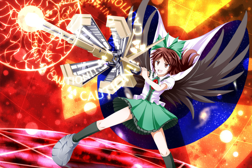 arm_cannon bow brown_hair cape fire hair_bow long_hair nuclear pleated_skirt radiation_symbol red_eyes reiuji_utsuho skirt solo touhou tri weapon wings