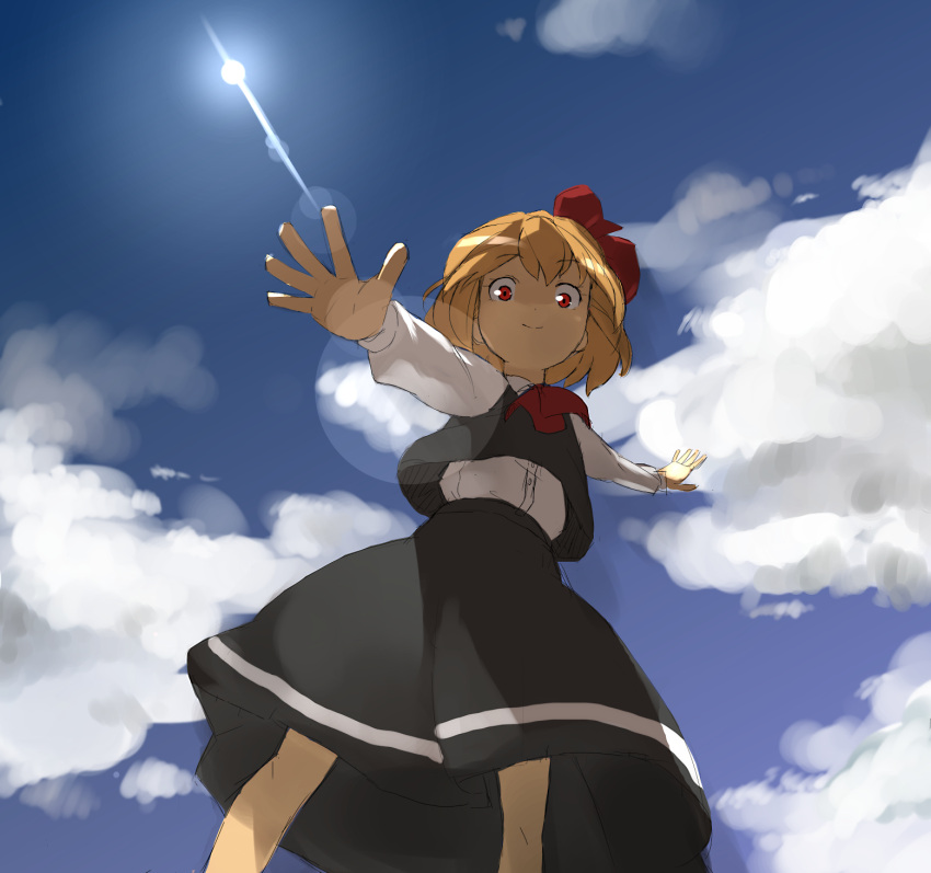 bad_id blonde_hair bow cloud hair_ribbon highres outstretched_arms red_eyes ribbon rumia short_hair skirt sky smile solo spread_arms sputnik_(artist) touhou