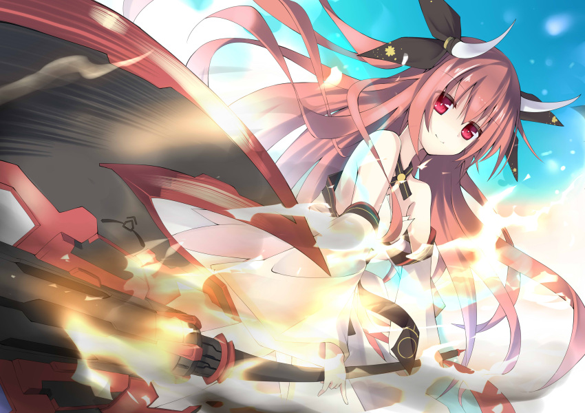 1girl absurdres bare_shoulders date_a_live fire hair_ornament halberd highres itsuka_kotori long_hair looking_at_viewer polearm red_eyes redhead smile solo soru22 tagme twintails very_long_hair weapon wide_sleeves