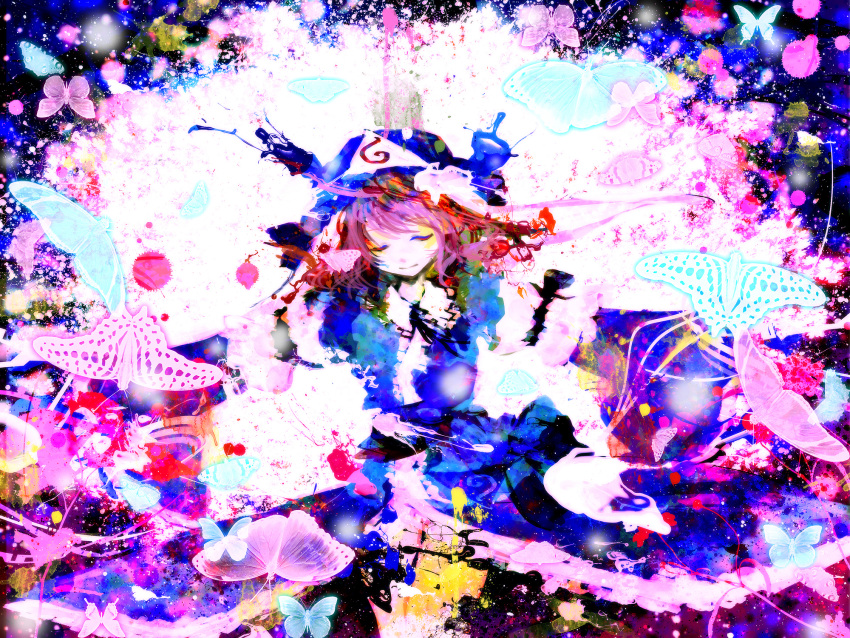 breasts butterfly closed_eyes fan frills hat highres japanese_clothes meola paint_splatter pink_hair saigyouji_yuyuko solo touhou