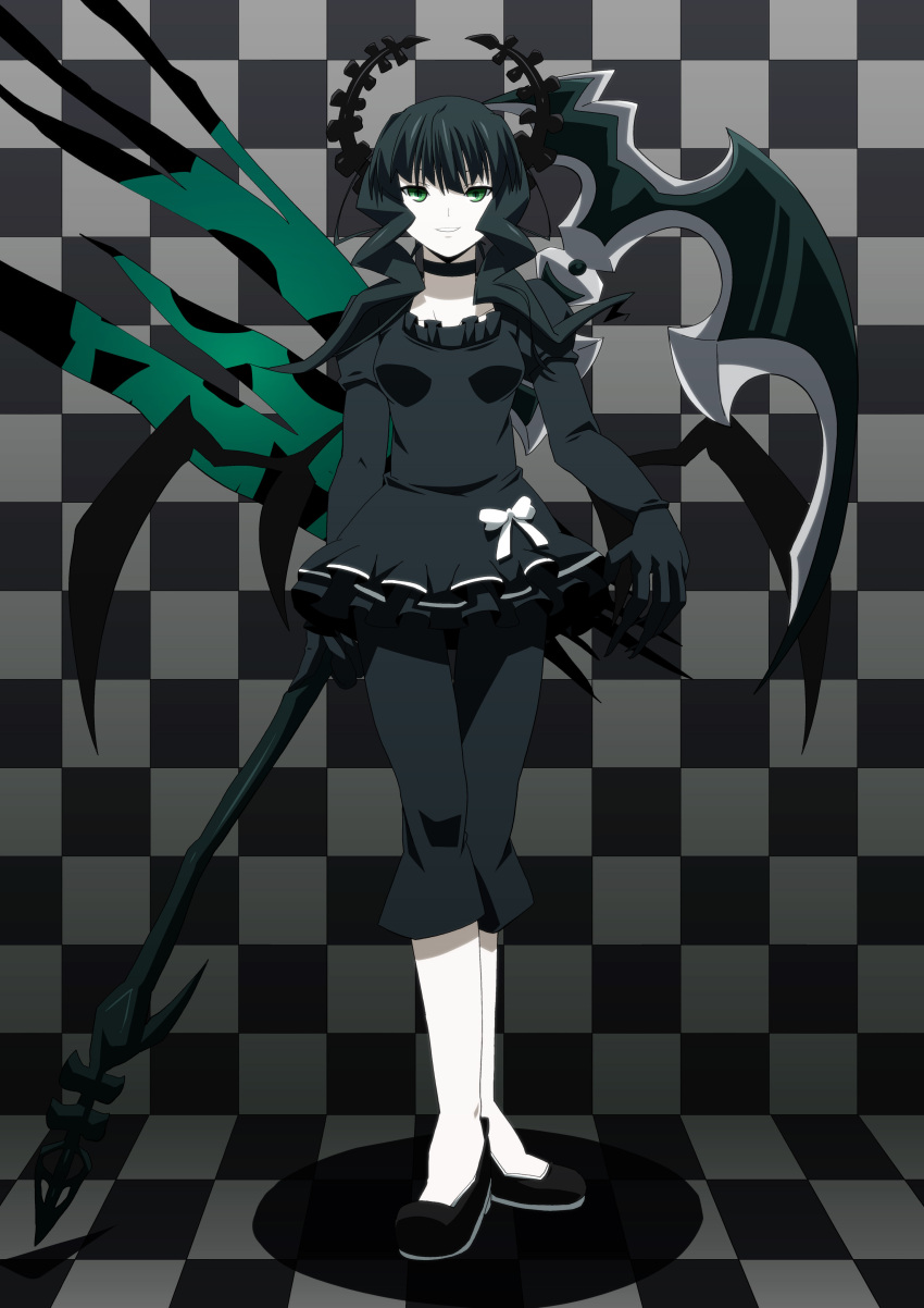 black_dress black_hair black_rock_shooter curly_hair dead_master dress green_eyes highres horns leggings long_hair scythe shin'ya_(nanp) shinya_(nanpp) smile solo