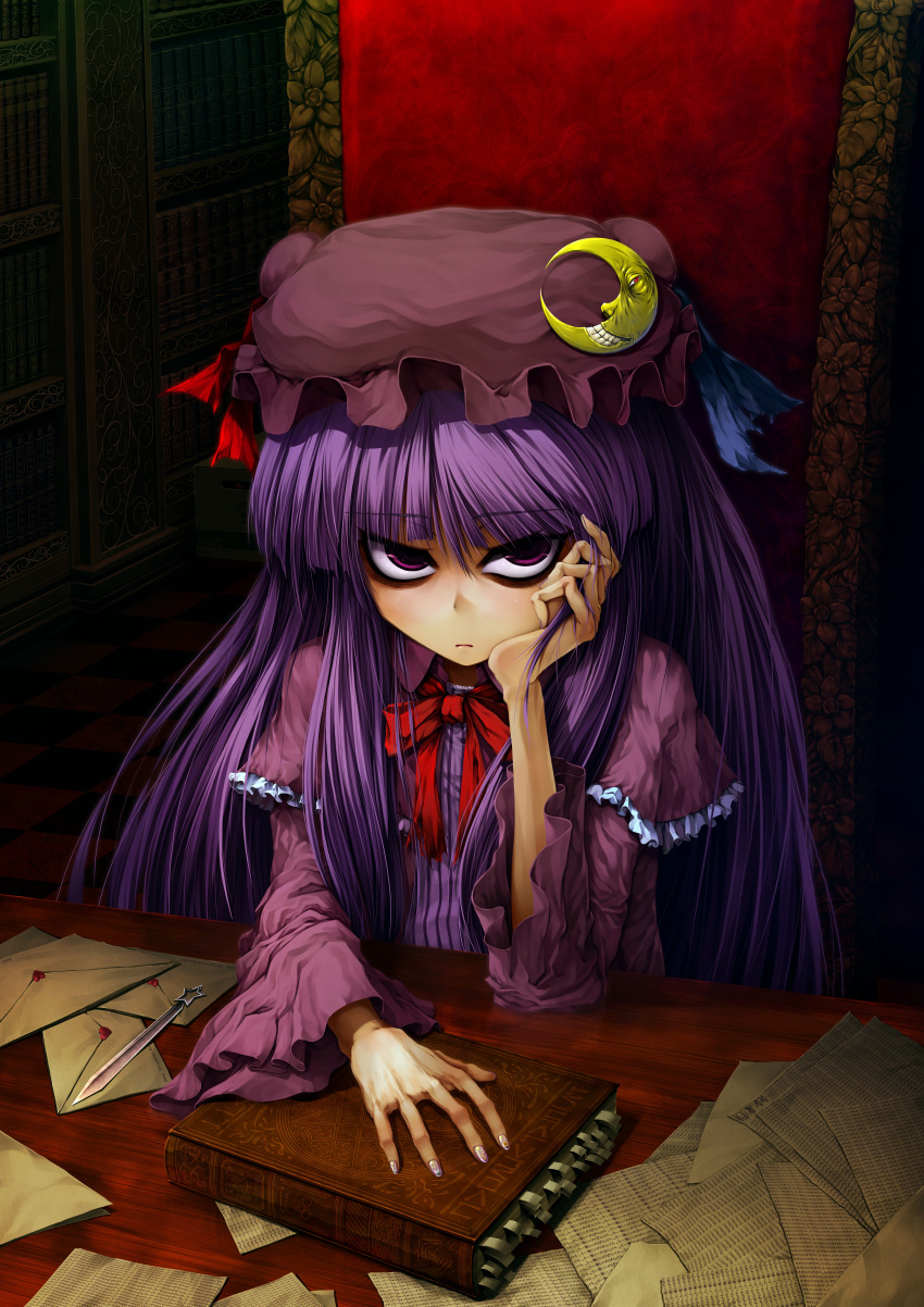 absurdres bags_under_eyes book cff cff_(artist) chair creepy crescent crescent_moon hand_on_own_face hands hat highres long_hair md5_mismatch nail_art nail_polish papers patchouli_knowledge purple_eyes purple_hair sitting skinny solo touhou translated violet_eyes voile when_you_see_it