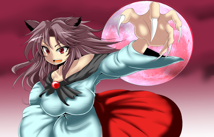 1girl animal_ears bare_shoulders breasts brooch brown_hair claws dress fangs fingernails full_moon highres imaizumi_kagerou jewelry long_fingernails long_hair long_sleeves moon open_mouth red_eyes solo torii5011 touhou wide_sleeves wolf_ears
