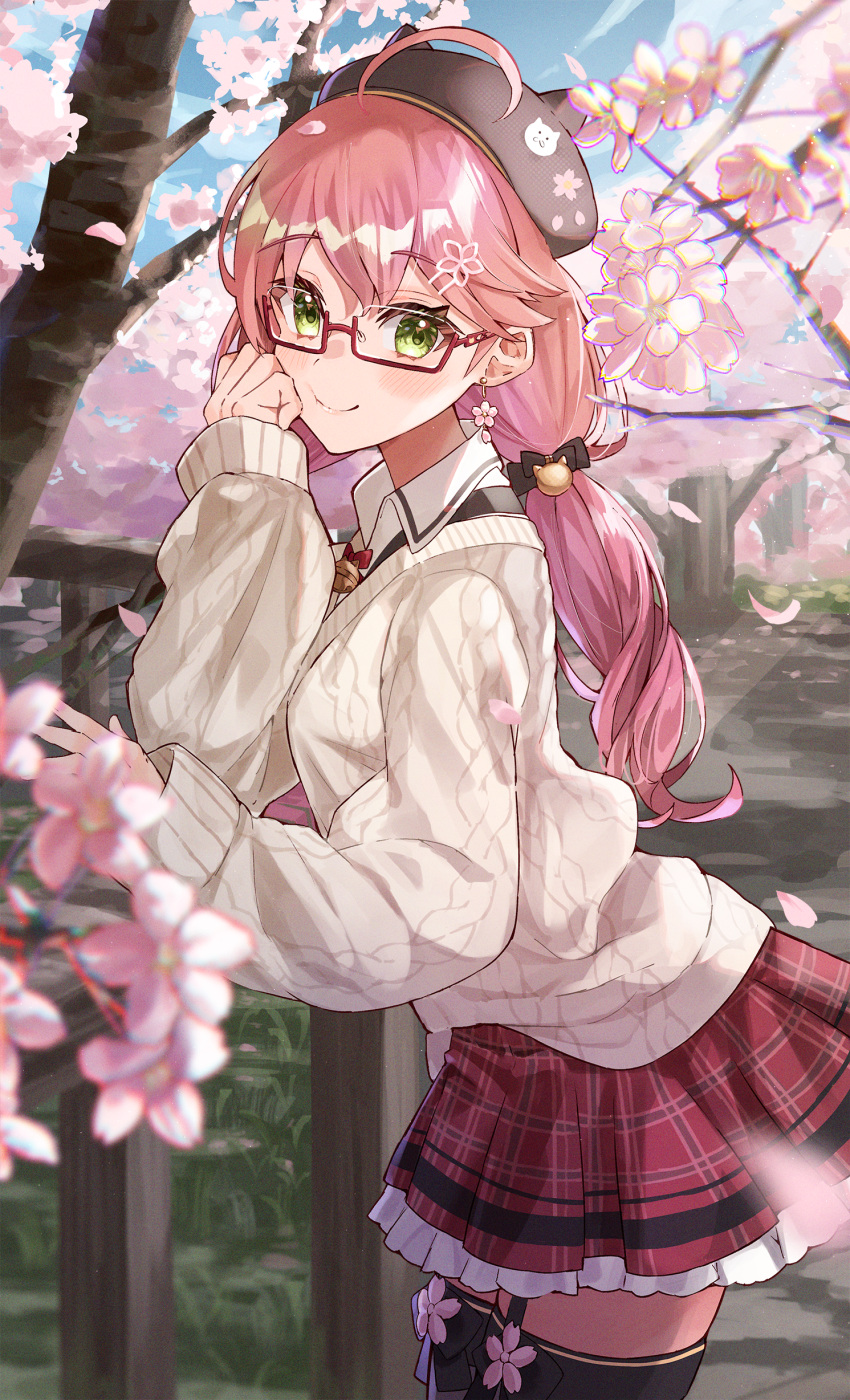 1girl absurdres bell beret black_headwear black_thighhighs blush cardigan cherry_blossoms collared_shirt glasses green_eyes grey_sweater hair_bell hair_ornament haru_yu hat highres hololive jingle_bell looking_at_viewer low_twintails neck_bell official_alternate_costume pink_hair red-framed_eyewear sakura_miko sakura_miko_(3rd_costume) shirt smile solo sweater thigh-highs twintails virtual_youtuber white_shirt yellow_cardigan